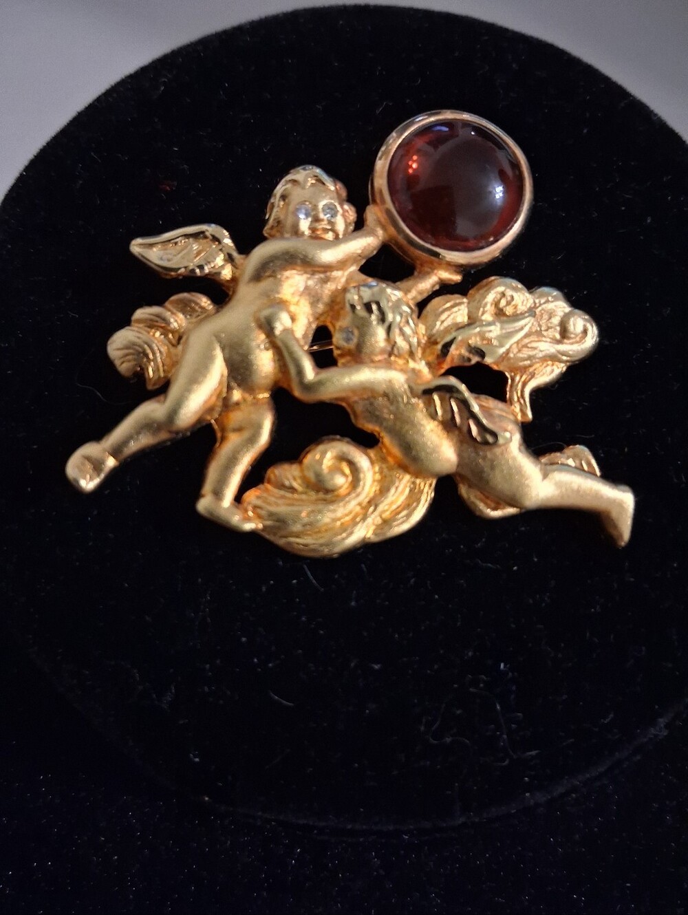 Vintage Louis Stern Signed Gold-tone Cherub Brooch with Amber Cabochon